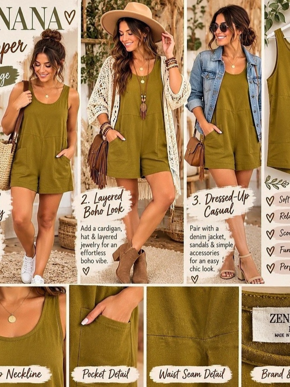 ZENANA Scoop Neck Tank Romper with Pockets Green Large